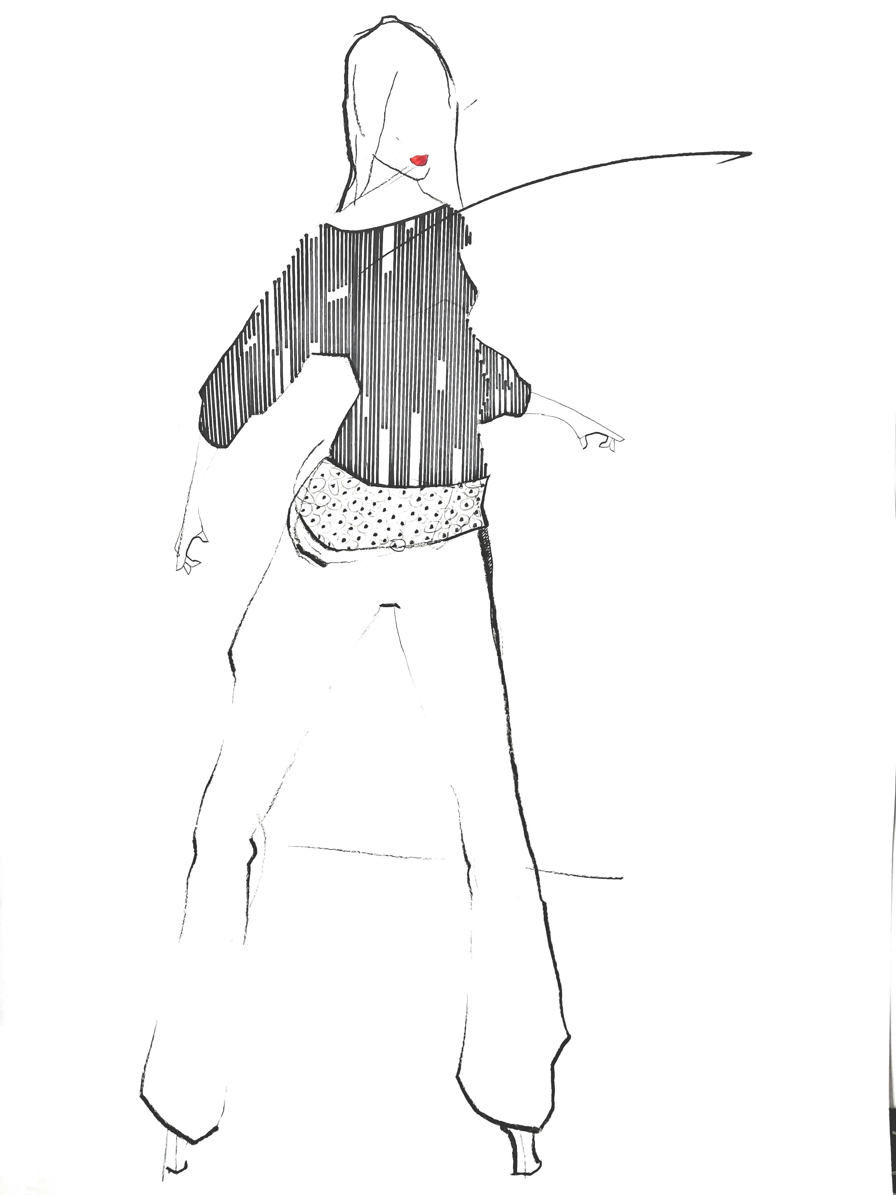 Illustartion eines Strickoberteils auf Modefigurine mit einfacher Hose, Lippenstift und Langhaarfrisur. Konzeptionelles Arbeiten durch Findung von Texturen im Strick auf dem Blatt. Kohlezeichnung im Format A2 aus dem Portfolio Modedesign.